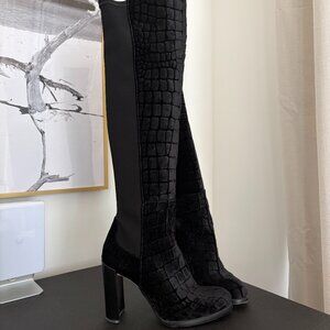 Stuart Weitzman Croc-Embossed Stretch Knee-High Suede Boots in Black Size 8 US